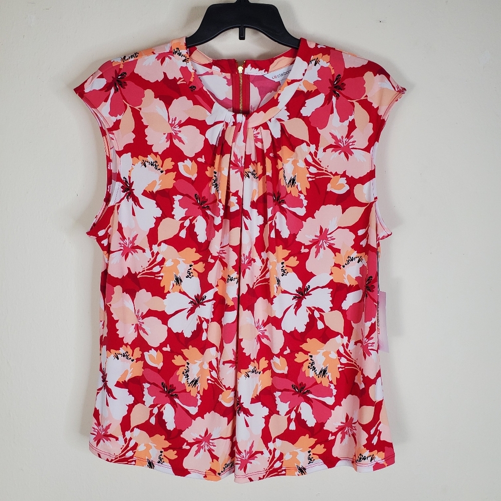 Liz Claiborne Women's Floral Blouse Pleated Neck Sleeveless 0X Work Evening Wear